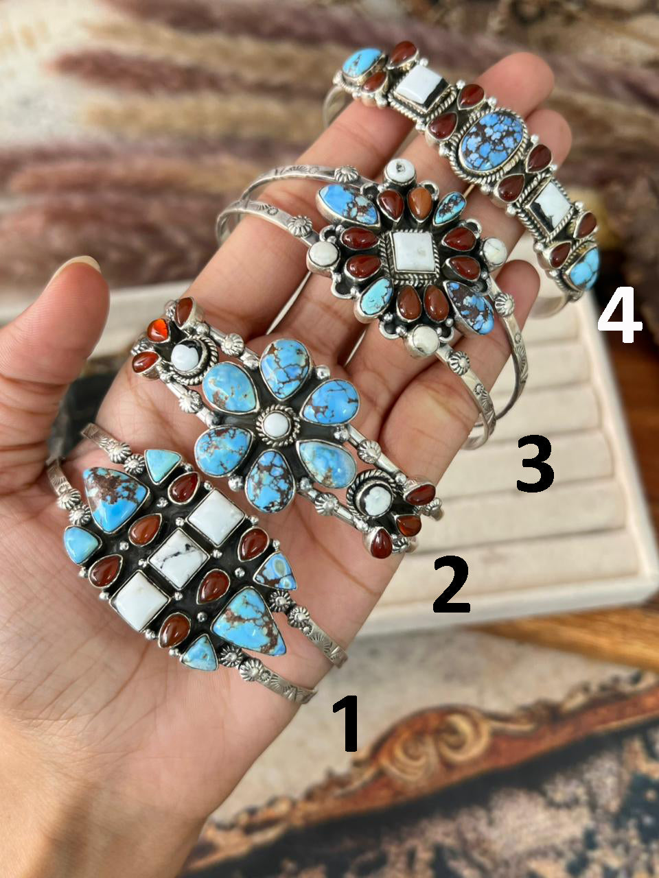 Handmade Sterling Silver Canyon Sunset Collection: Golden Hills Turquoise with White Buffalo and Carnelian Cuff Bracelet "Signed Nizhoni"