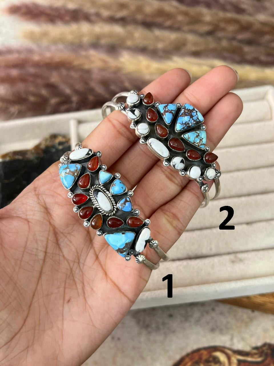 Handmade Sterling Silver Canyon Sunset Collection: Golden Hills Turquoise with White Buffalo and Carnelian Cuff Bracelet "Signed Nizhoni"