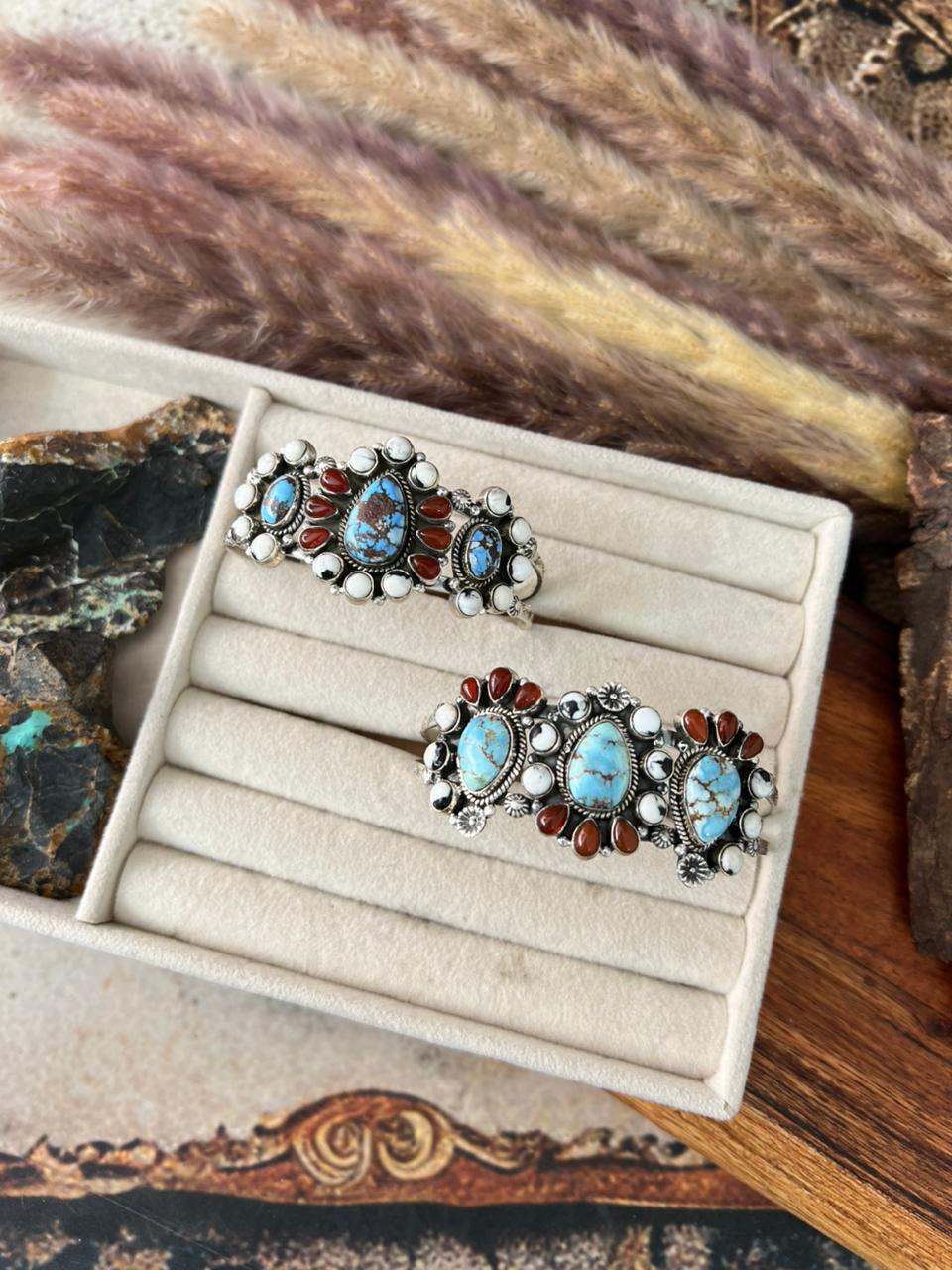 Handmade Sterling Silver Canyon Sunset Collection: Golden Hills Turquoise with White Buffalo and Carnelian Cuff Bracelet "Signed Nizhoni"