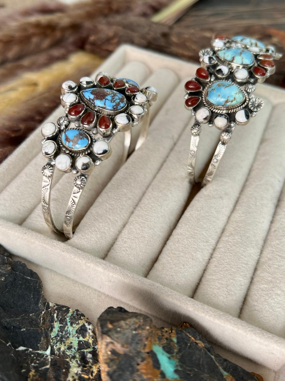 Handmade Sterling Silver Canyon Sunset Collection: Golden Hills Turquoise with White Buffalo and Carnelian Cuff Bracelet "Signed Nizhoni"