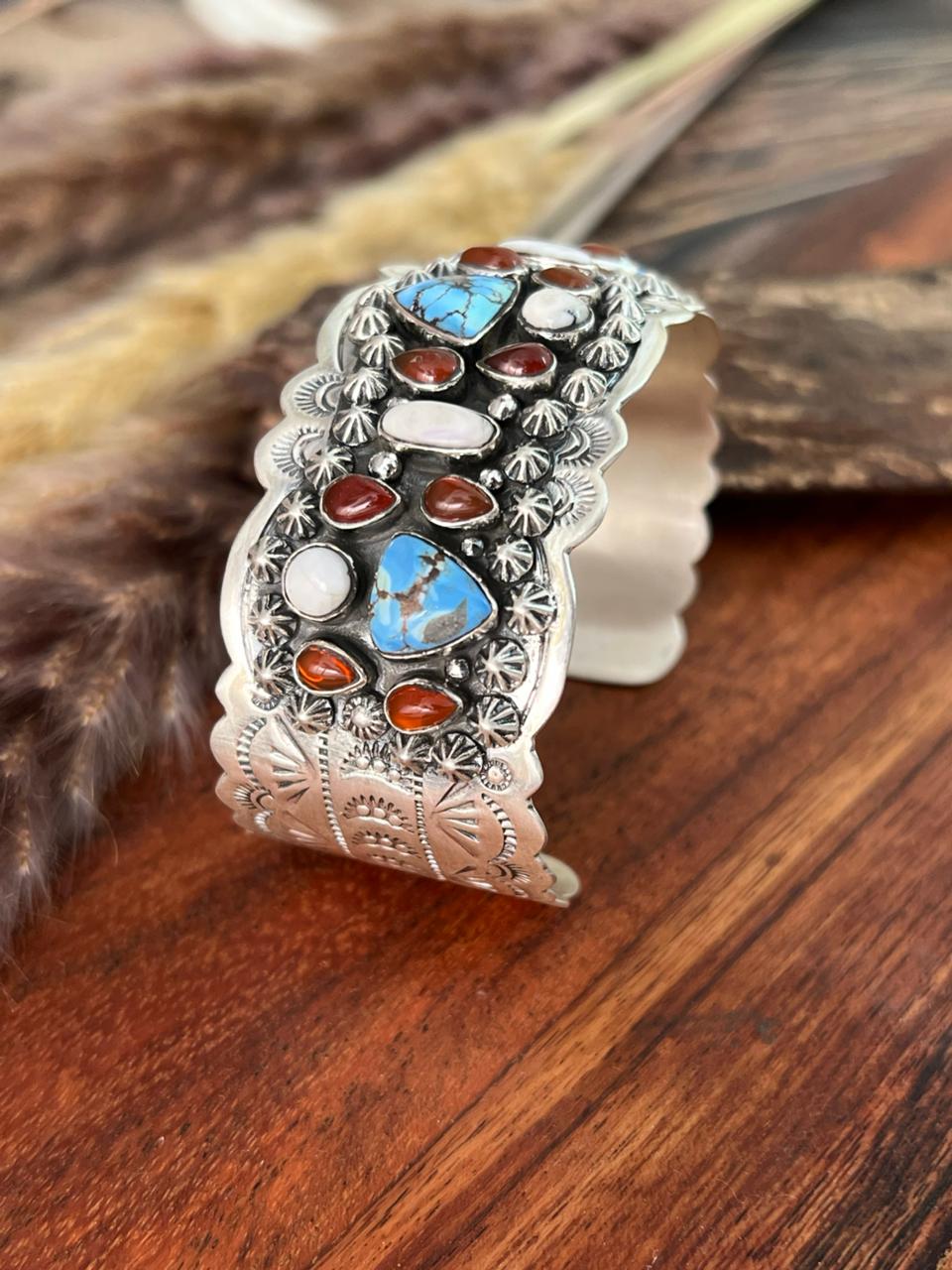 Handmade Sterling Silver Canyon Sunset Collection: Golden Hills Turquoise with White Buffalo and Carnelian Cuff Bracelet "Signed Nizhoni"