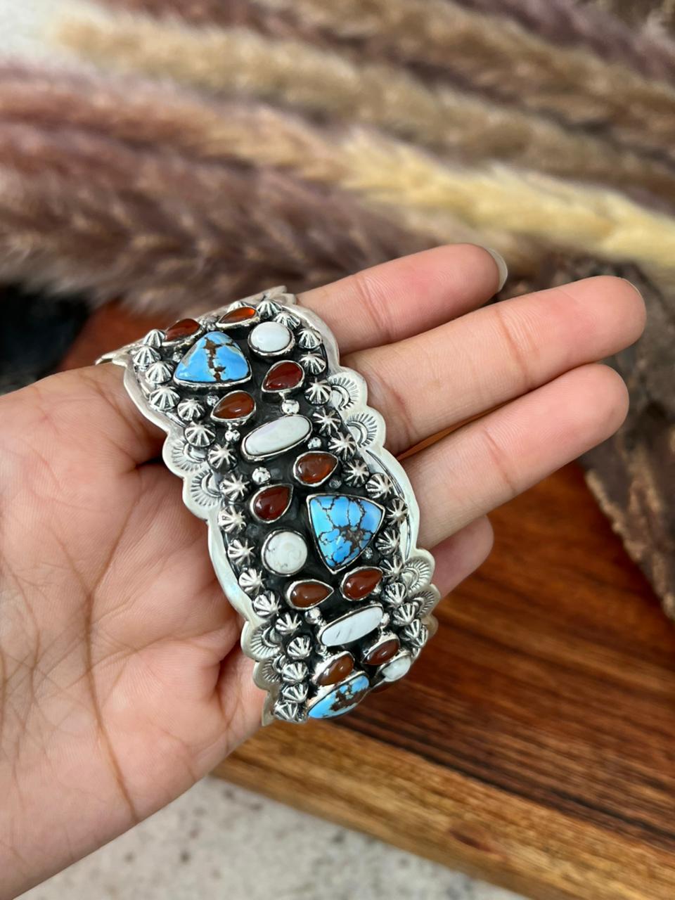 Handmade Sterling Silver Canyon Sunset Collection: Golden Hills Turquoise with White Buffalo and Carnelian Cuff Bracelet "Signed Nizhoni"