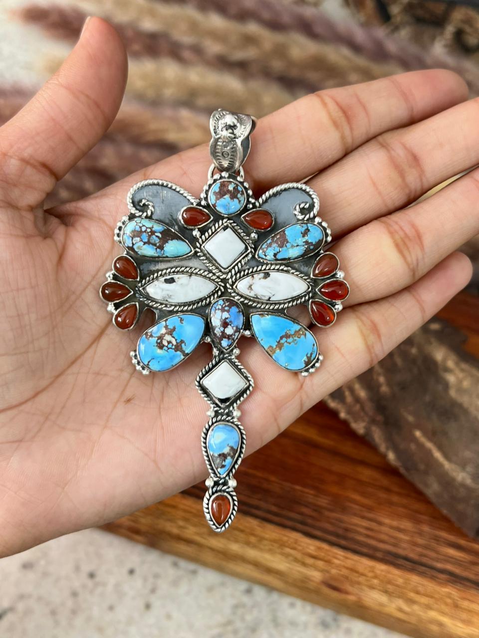 Handmade Sterling Silver Canyon Sunset Collection: Golden Hills Turquoise with White Buffalo and Carnelian Pendant "Signed Nizhoni"