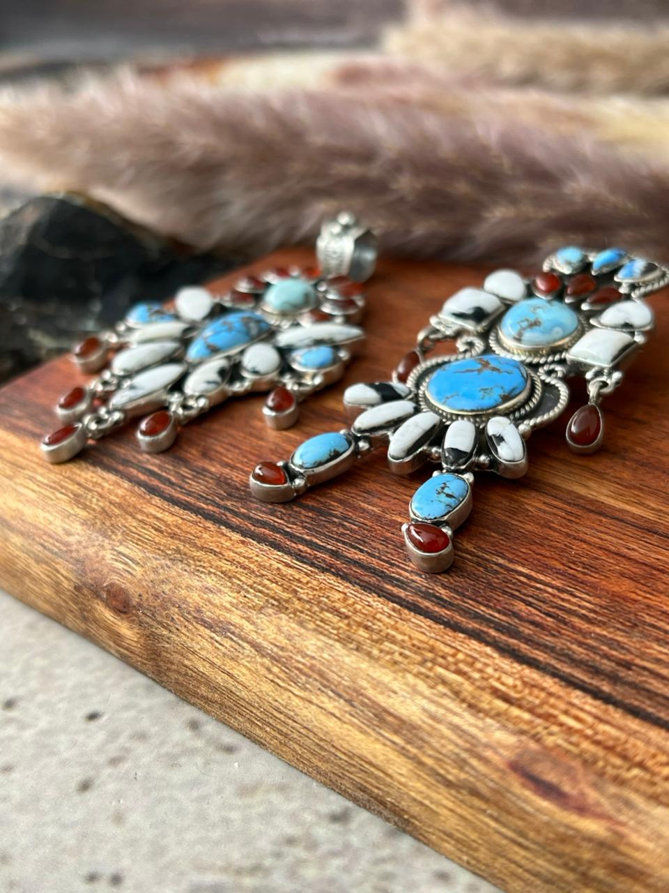 Handmade Sterling Silver Canyon Sunset Collection: Golden Hills Turquoise with White Buffalo and Carnelian Pendant "Signed Nizhoni"