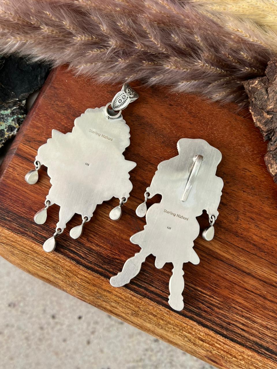 Handmade Sterling Silver Canyon Sunset Collection: Golden Hills Turquoise with White Buffalo and Carnelian Pendant "Signed Nizhoni"