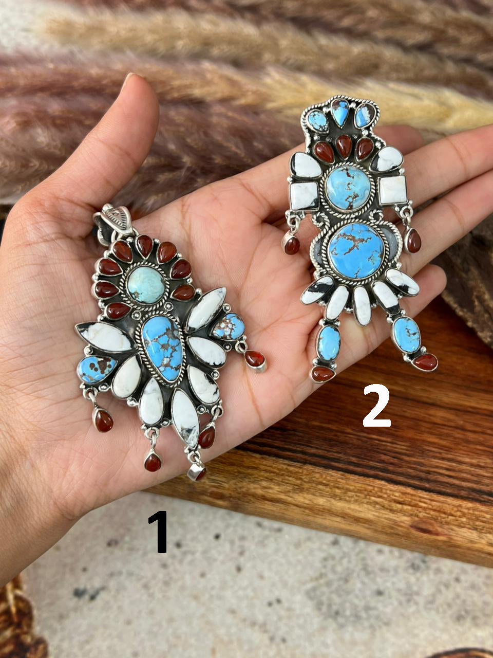 Handmade Sterling Silver Canyon Sunset Collection: Golden Hills Turquoise with White Buffalo and Carnelian Pendant "Signed Nizhoni"