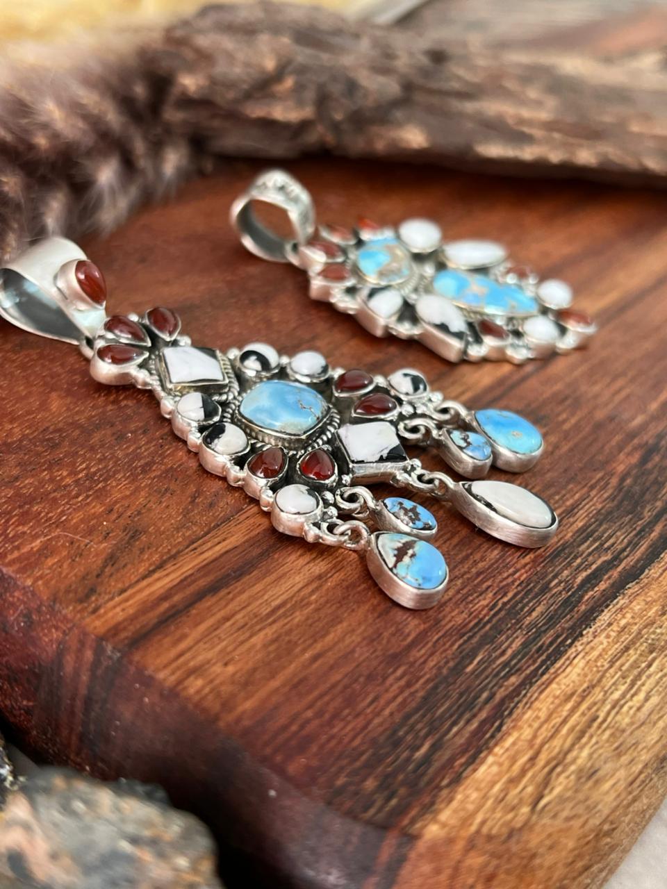 Handmade Sterling Silver Canyon Sunset Collection: Golden Hills Turquoise with White Buffalo and Carnelian Pendant "Signed Nizhoni"