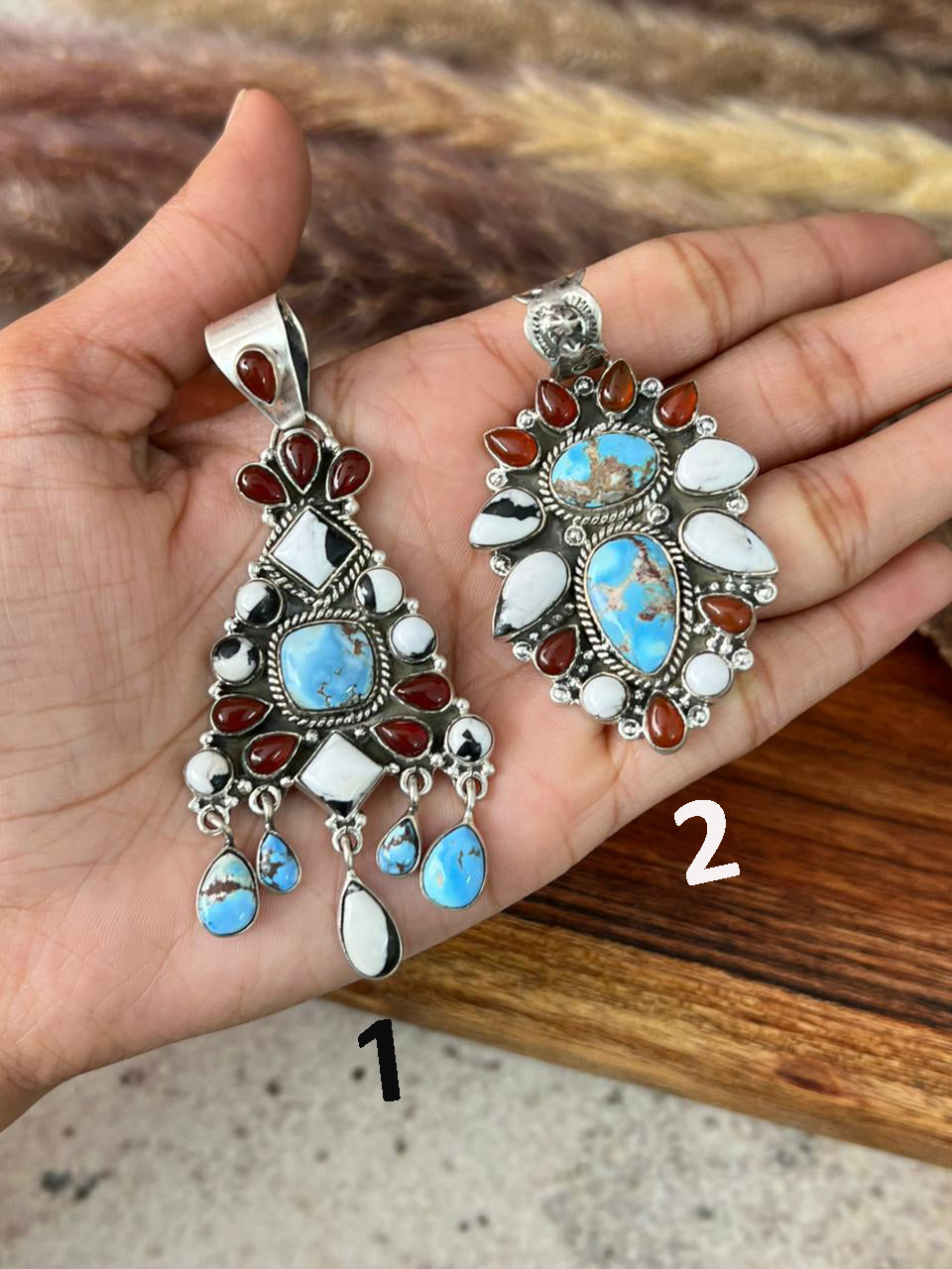 Handmade Sterling Silver Canyon Sunset Collection: Golden Hills Turquoise with White Buffalo and Carnelian Pendant "Signed Nizhoni"