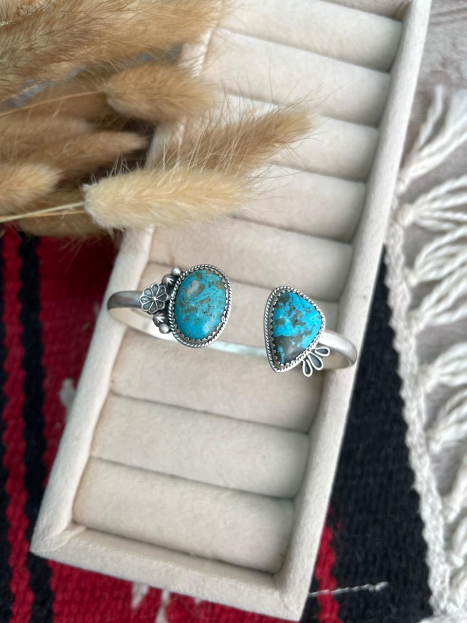 Handmade Sterling Silver Blue Kingman Turquoise Cuff Bracelet "Signed Nizhoni"