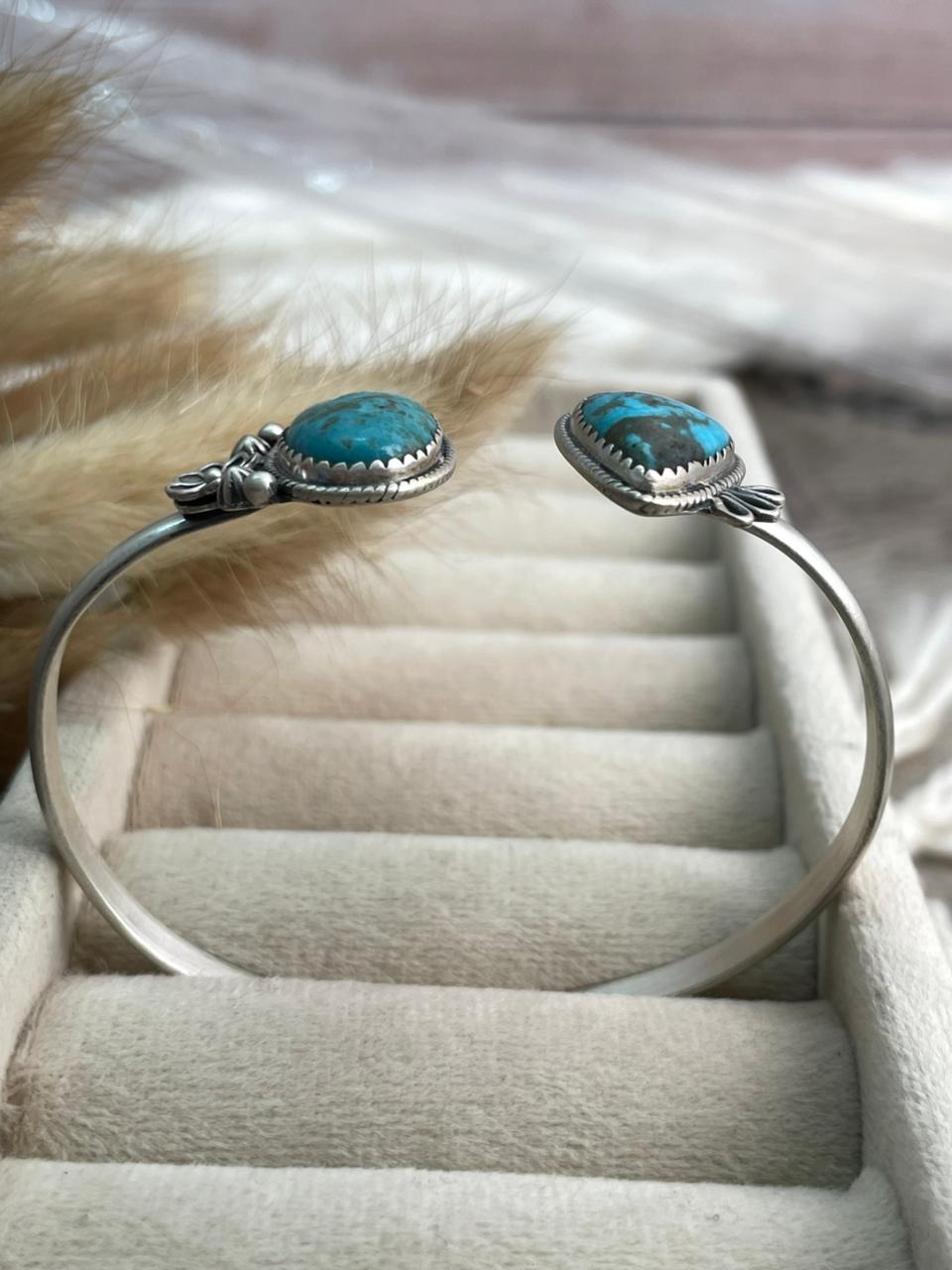 Handmade Sterling Silver Blue Kingman Turquoise Cuff Bracelet "Signed Nizhoni"