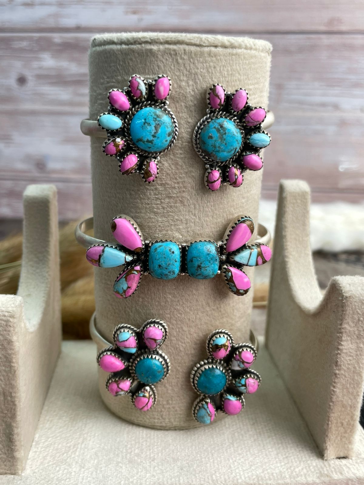Handmade Sterling Silver Cotton Candy with Blue Kingman Turquoise Cuff Bracelet "Signed Nizhoni"