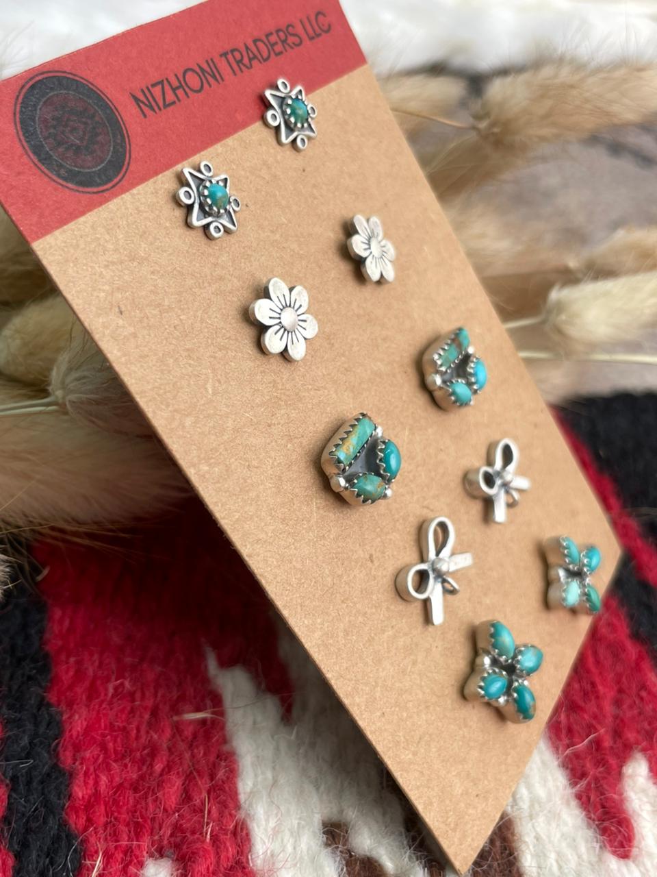 Handmade Sterling Silver Kingman Turquoise Post Studs Heart Earrings Card Set