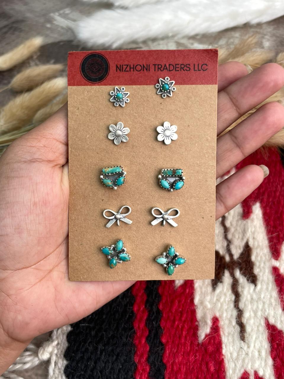 Handmade Sterling Silver Kingman Turquoise Post Studs Heart Earrings Card Set