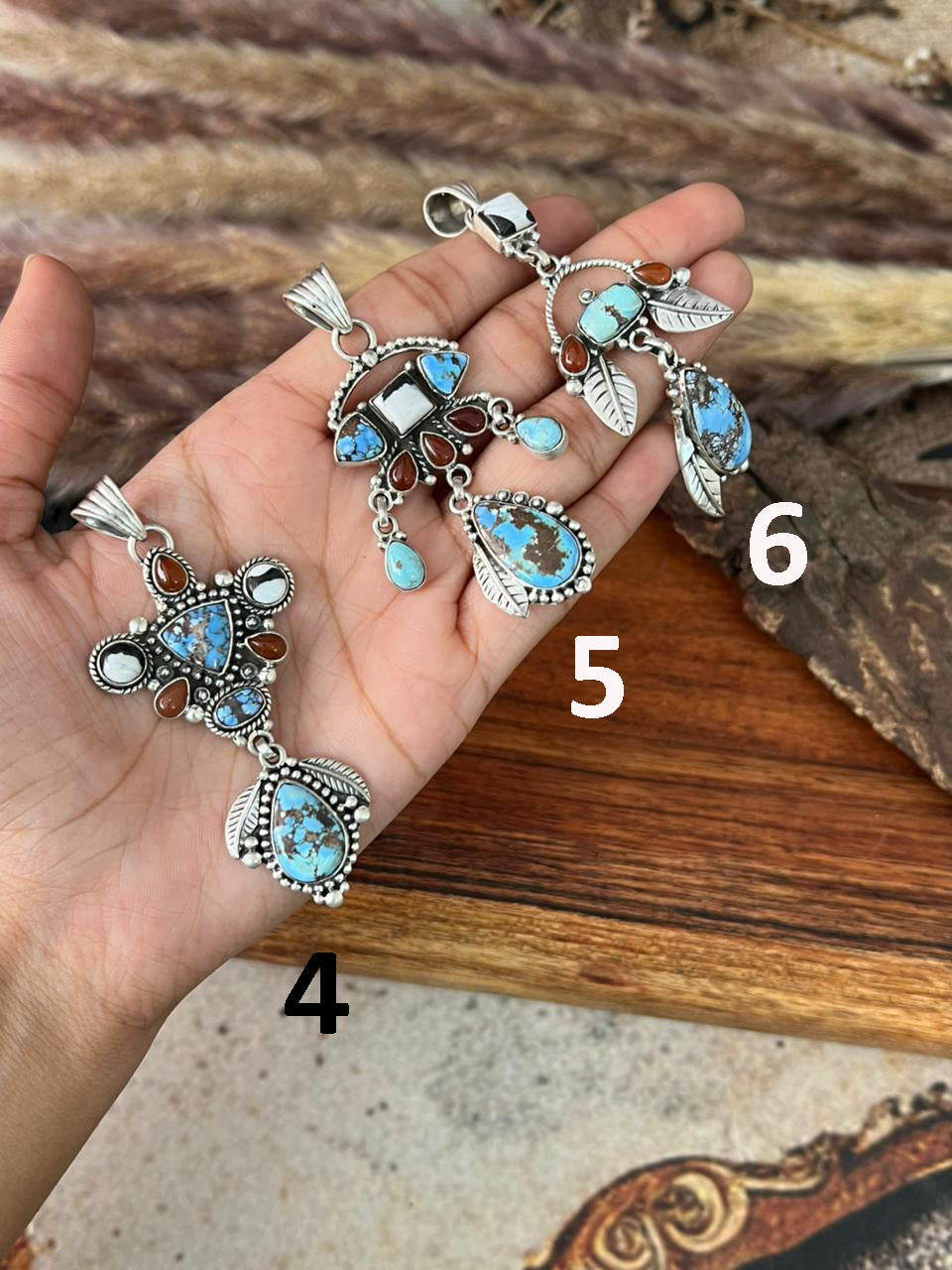 Handmade Sterling Silver Canyon Sunset Collection: Golden Hills Turquoise with White Buffalo and Carnelian Pendant "Signed Nizhoni"
