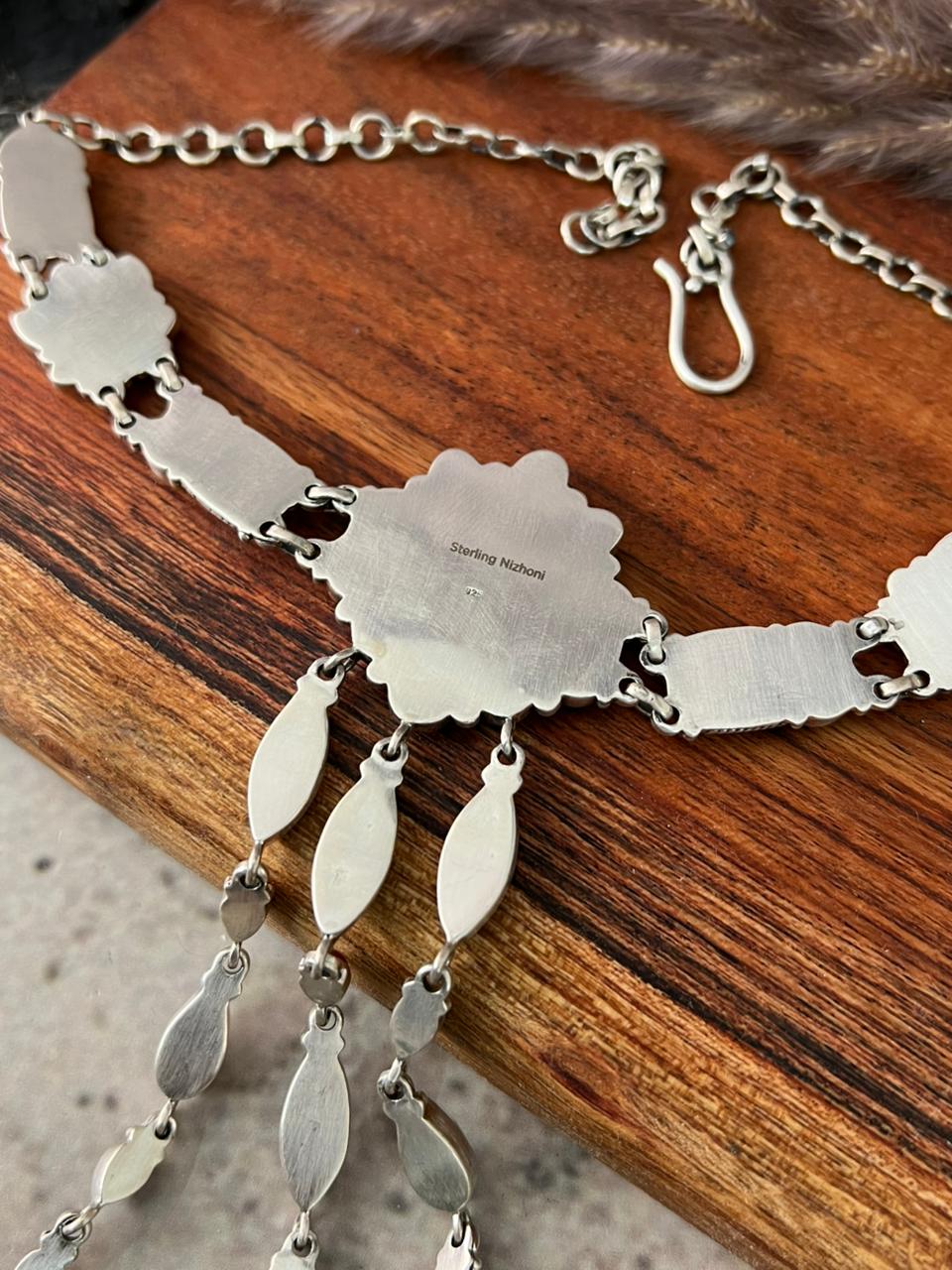 Handmade Sterling Silver Canyon Sunset Collection: Golden Hills Turquoise with White Buffalo and Carnelian Choker Necklace "Signed Nizhoni"