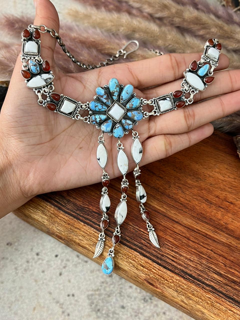 Handmade Sterling Silver Canyon Sunset Collection: Golden Hills Turquoise with White Buffalo and Carnelian Choker Necklace "Signed Nizhoni"