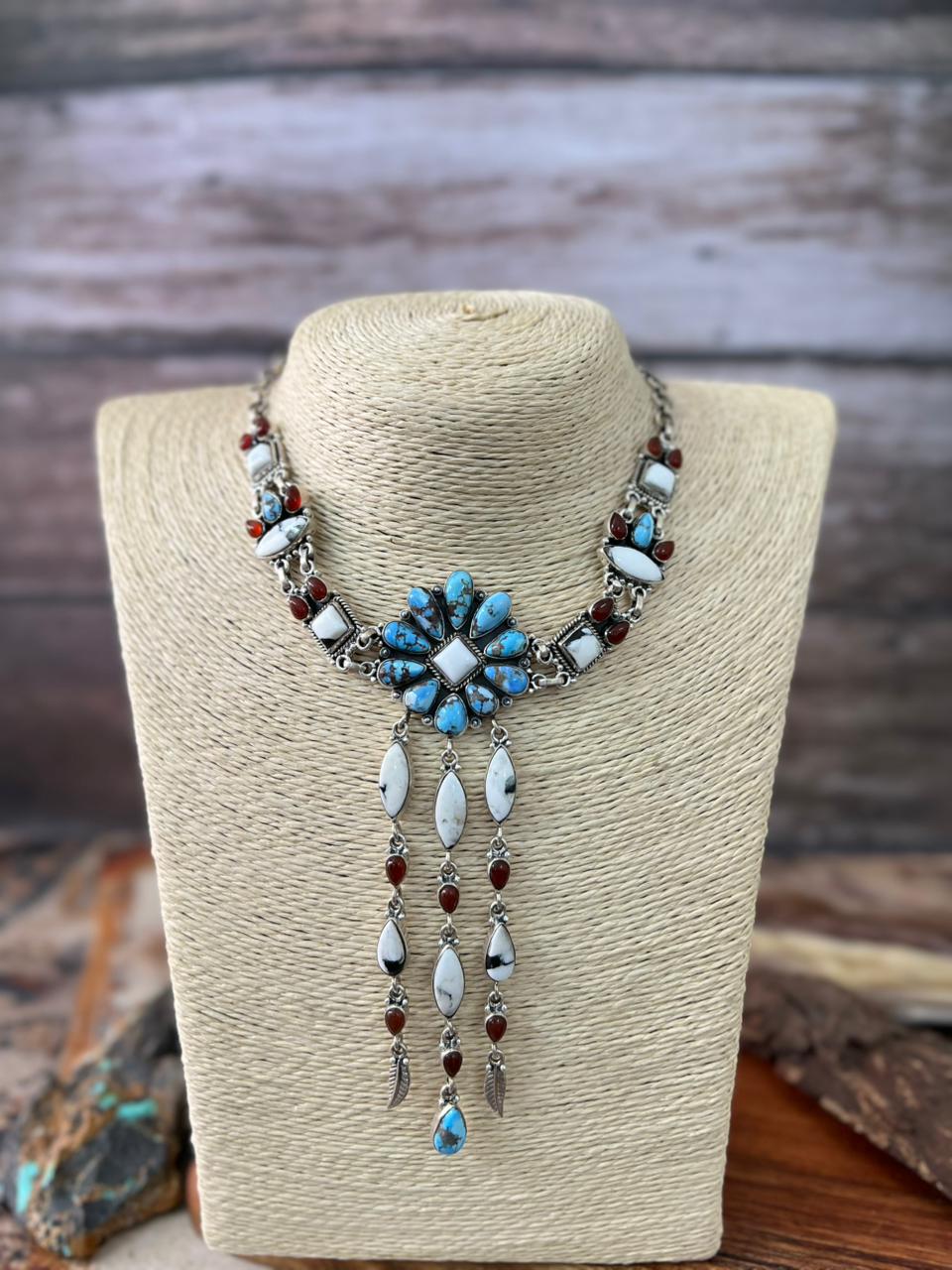 Handmade Sterling Silver Canyon Sunset Collection: Golden Hills Turquoise with White Buffalo and Carnelian Choker Necklace "Signed Nizhoni"