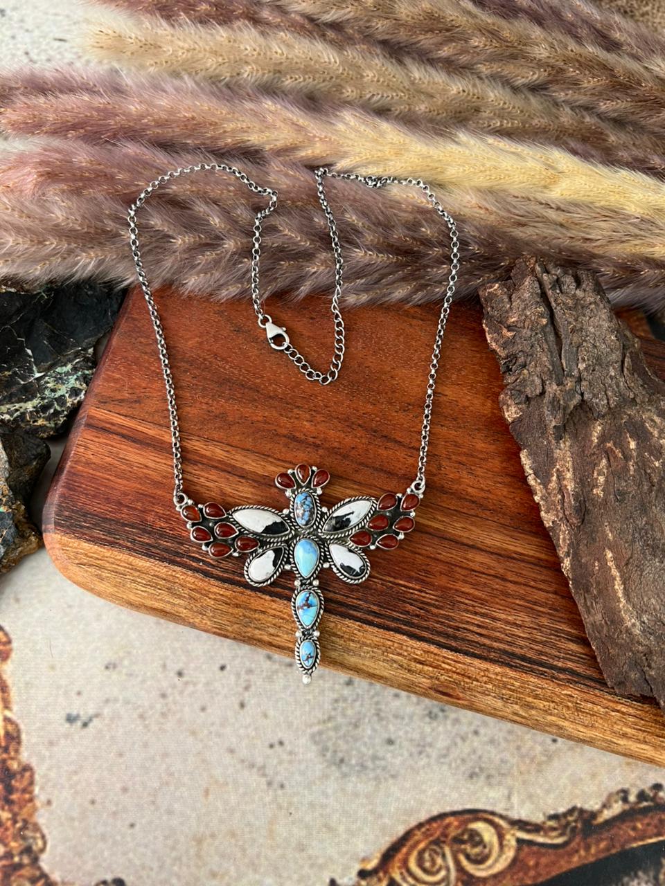 Handmade Sterling Silver Canyon Sunset Collection: Golden Hills Turquoise with White Buffalo and Carnelian Butterfly Necklace "Signed Nizhoni"