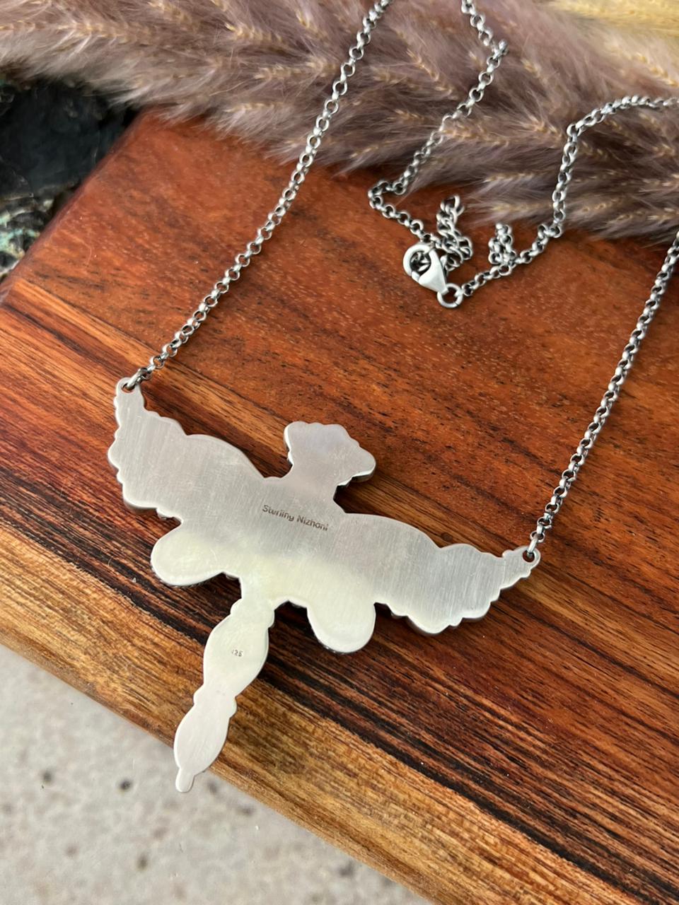 Handmade Sterling Silver Canyon Sunset Collection: Golden Hills Turquoise with White Buffalo and Carnelian Butterfly Necklace "Signed Nizhoni"