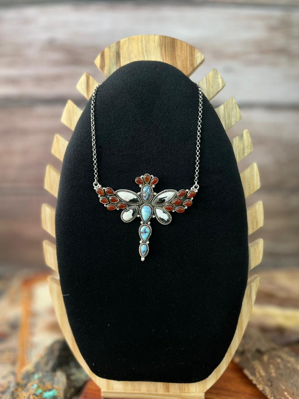 Handmade Sterling Silver Canyon Sunset Collection: Golden Hills Turquoise with White Buffalo and Carnelian Butterfly Necklace "Signed Nizhoni"