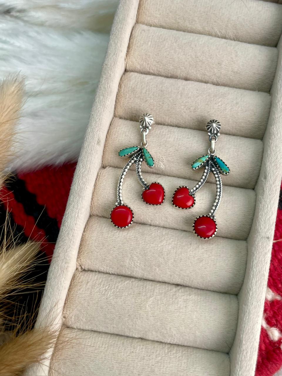 Handmade Sterling Silver Rosarita with Kingman Turquoise Cherry Post Dangle Earrings "Signed Nizhoni"