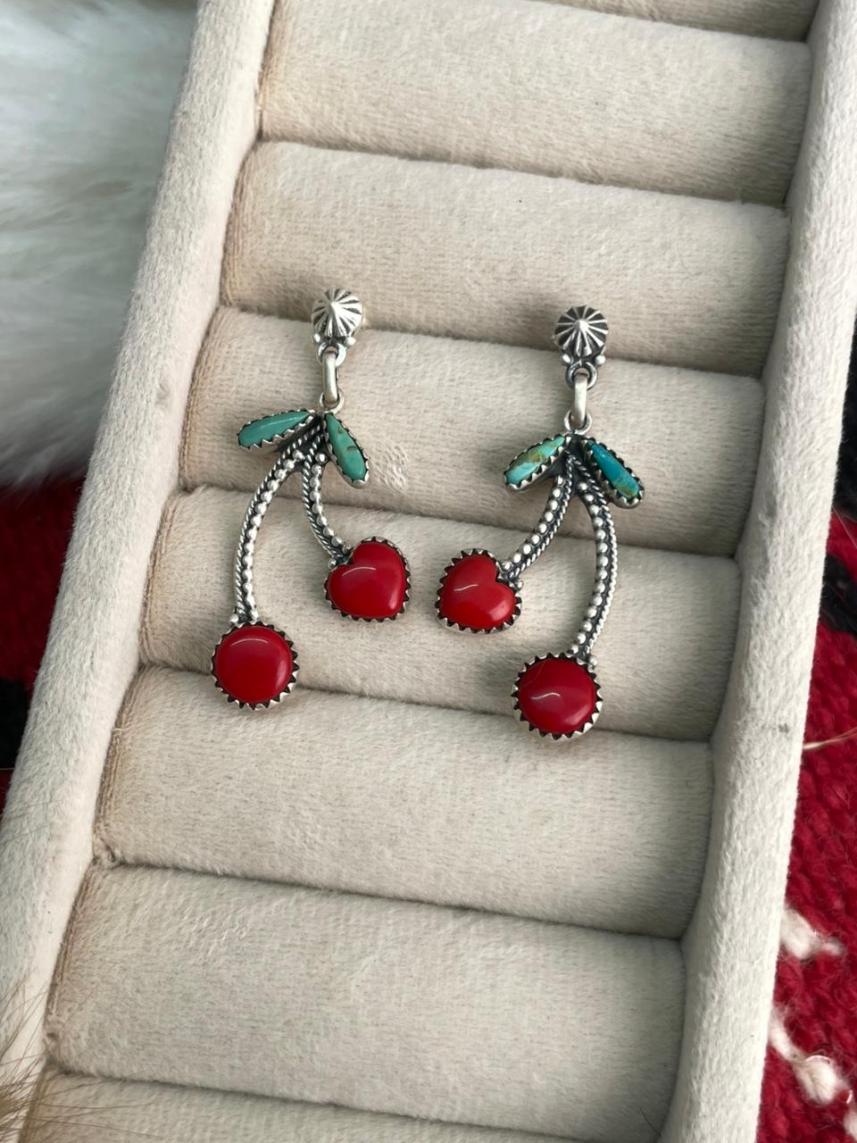 Handmade Sterling Silver Rosarita with Kingman Turquoise Cherry Post Dangle Earrings "Signed Nizhoni"