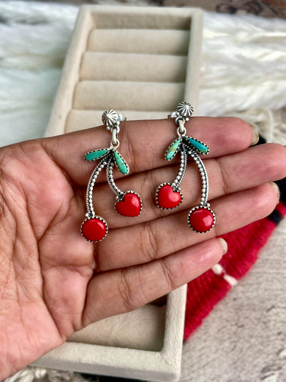 Handmade Sterling Silver Rosarita with Kingman Turquoise Cherry Post Dangle Earrings "Signed Nizhoni"