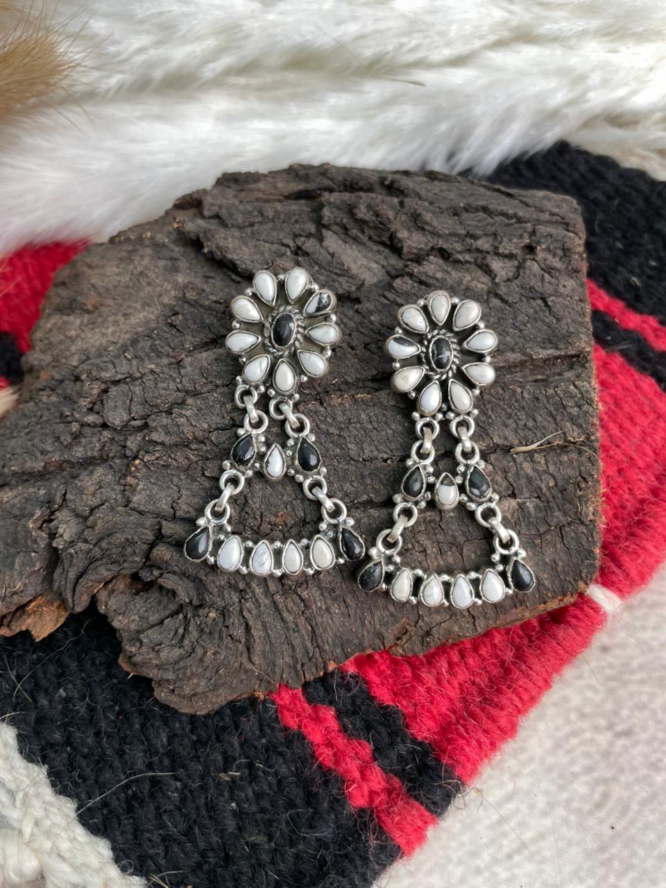 Handmade Sterling Silver White Buffalo Post Dangle Earrings "Signed Nizhoni"
