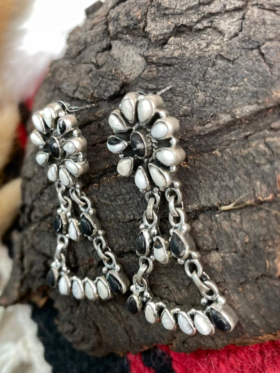 Handmade Sterling Silver White Buffalo Post Dangle Earrings "Signed Nizhoni"