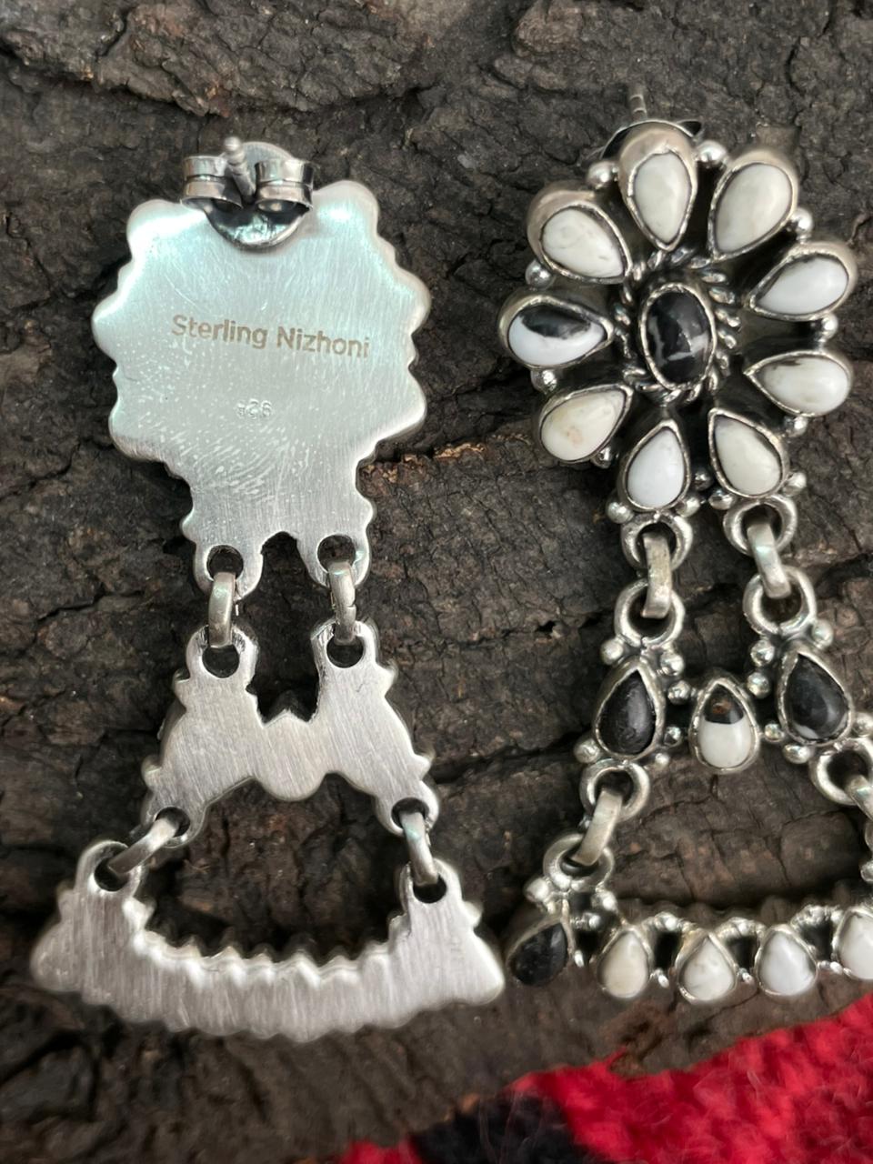 Handmade Sterling Silver White Buffalo Post Dangle Earrings "Signed Nizhoni"