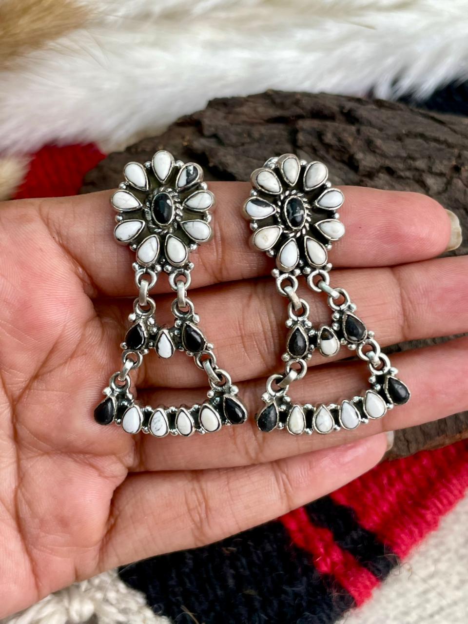 Handmade Sterling Silver White Buffalo Post Dangle Earrings "Signed Nizhoni"
