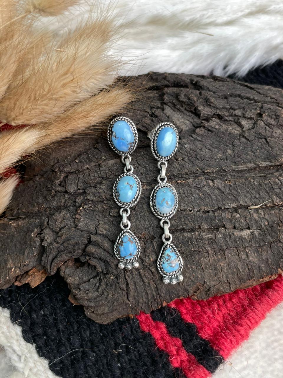 Handmade Sterling Silver Golden Hills Turquoise Post Dangle Earrings "Signed Nizhoni"