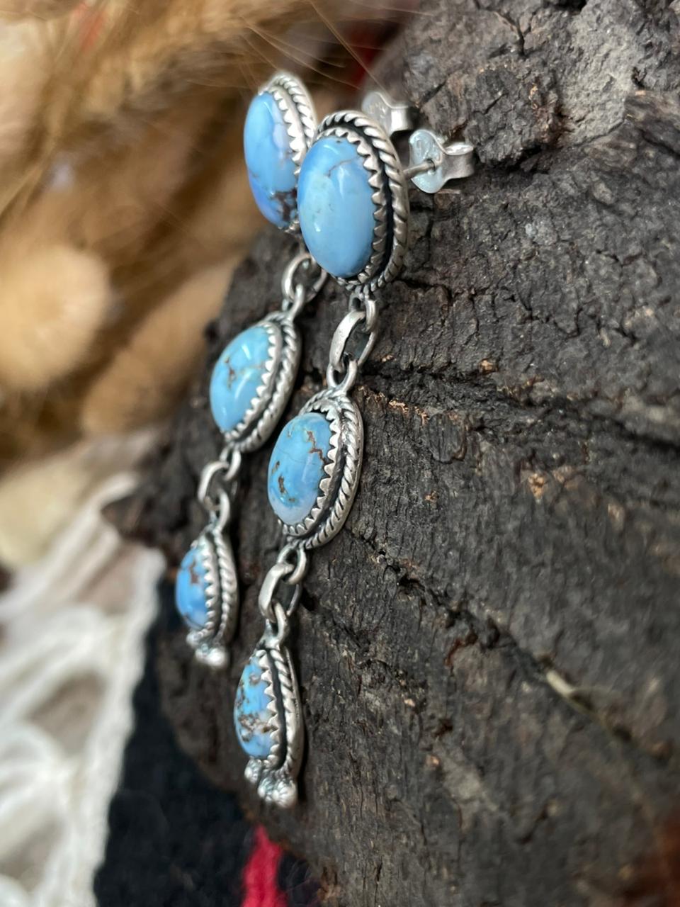 Handmade Sterling Silver Golden Hills Turquoise Post Dangle Earrings "Signed Nizhoni"