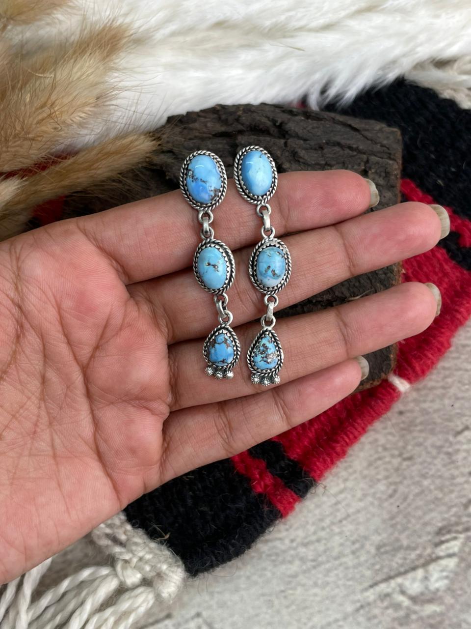 Handmade Sterling Silver Golden Hills Turquoise Post Dangle Earrings "Signed Nizhoni"