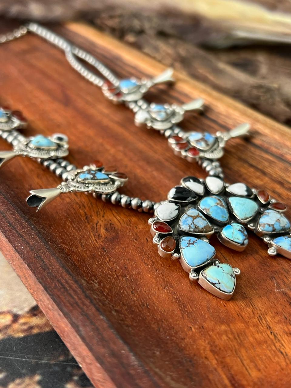 Handmade Sterling Silver Canyon Sunset Collection: Golden Hills Turquoise with White Buffalo and Carnelian Squash Blossom Beaded Necklace "Signed Nizhoni"