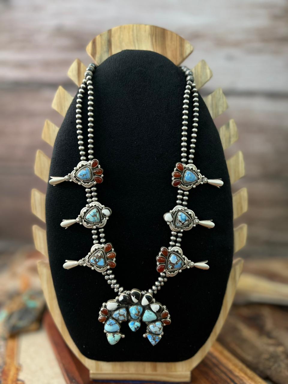 Handmade Sterling Silver Canyon Sunset Collection: Golden Hills Turquoise with White Buffalo and Carnelian Squash Blossom Beaded Necklace "Signed Nizhoni"