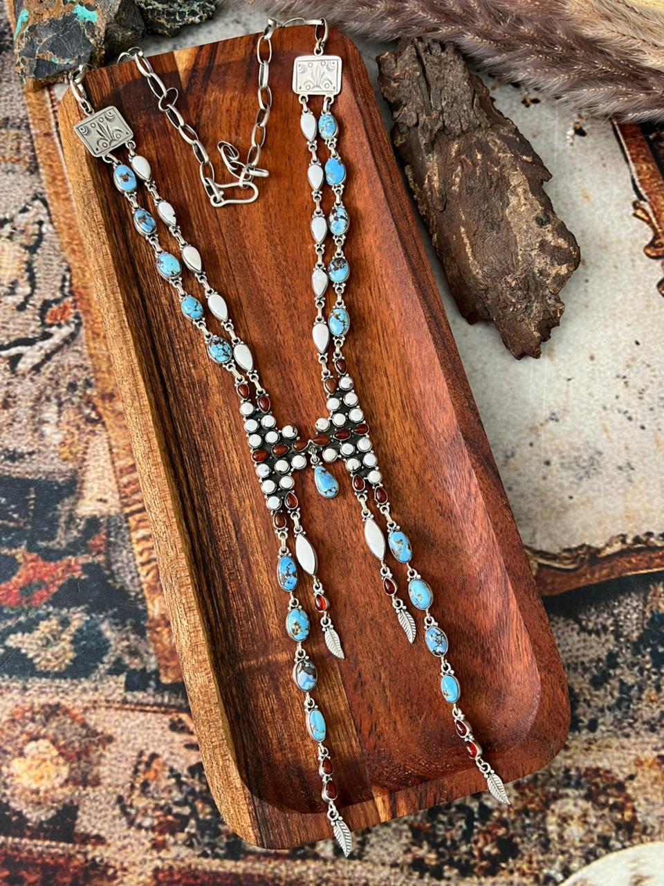 Handmade Sterling Silver Canyon Sunset Collection: Golden Hills Turquoise with White Buffalo and Carnelian Necklace "Signed Nizhoni"