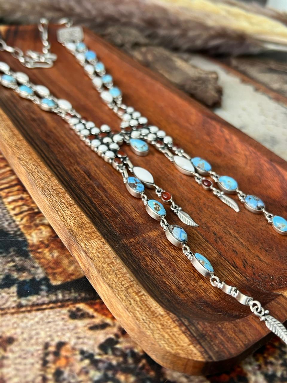 Handmade Sterling Silver Canyon Sunset Collection: Golden Hills Turquoise with White Buffalo and Carnelian Necklace "Signed Nizhoni"