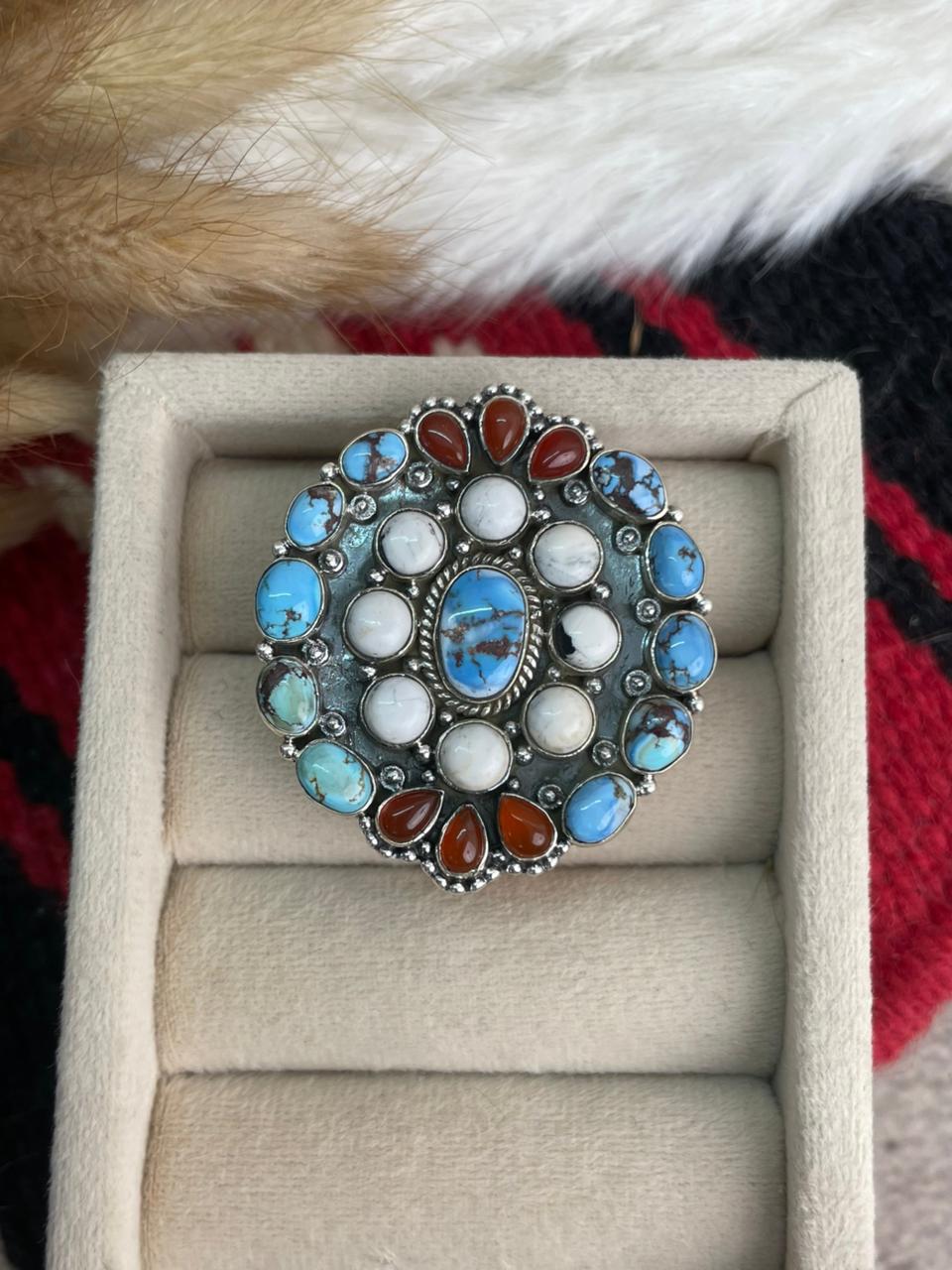 Handmade Sterling Silver Canyon Sunset Collection: Golden Hills Turquoise with White Buffalo and Carnelian Adjustable Ring "Signed Nizhoni"