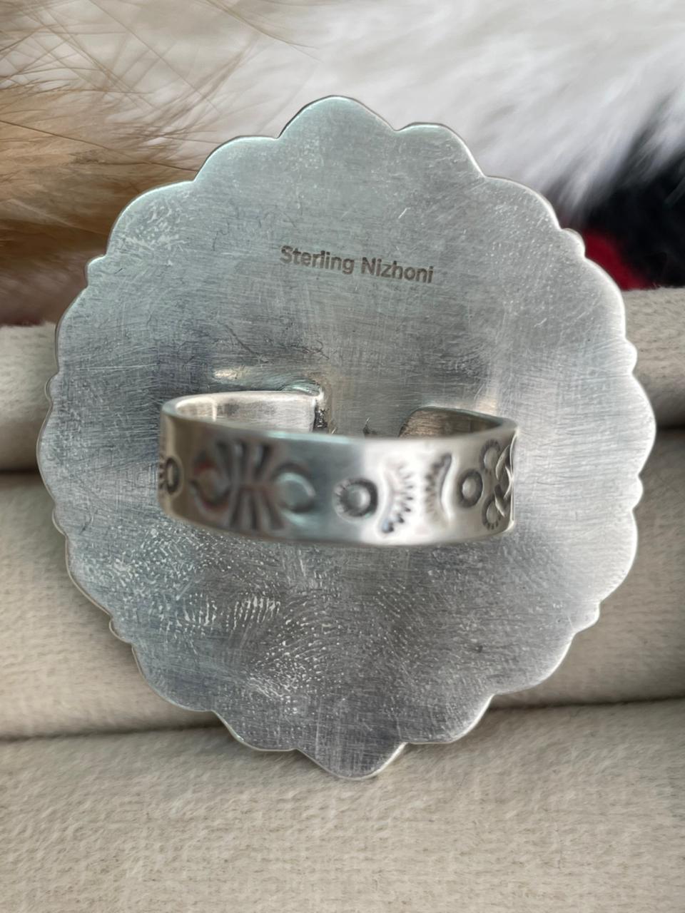 Handmade Sterling Silver Canyon Sunset Collection: Golden Hills Turquoise with White Buffalo and Carnelian Adjustable Ring "Signed Nizhoni"