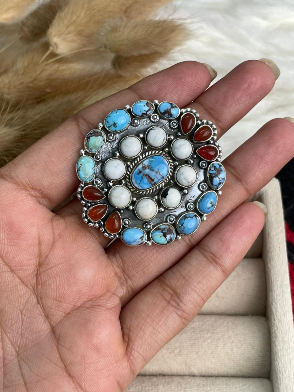 Handmade Sterling Silver Canyon Sunset Collection: Golden Hills Turquoise with White Buffalo and Carnelian Adjustable Ring "Signed Nizhoni"