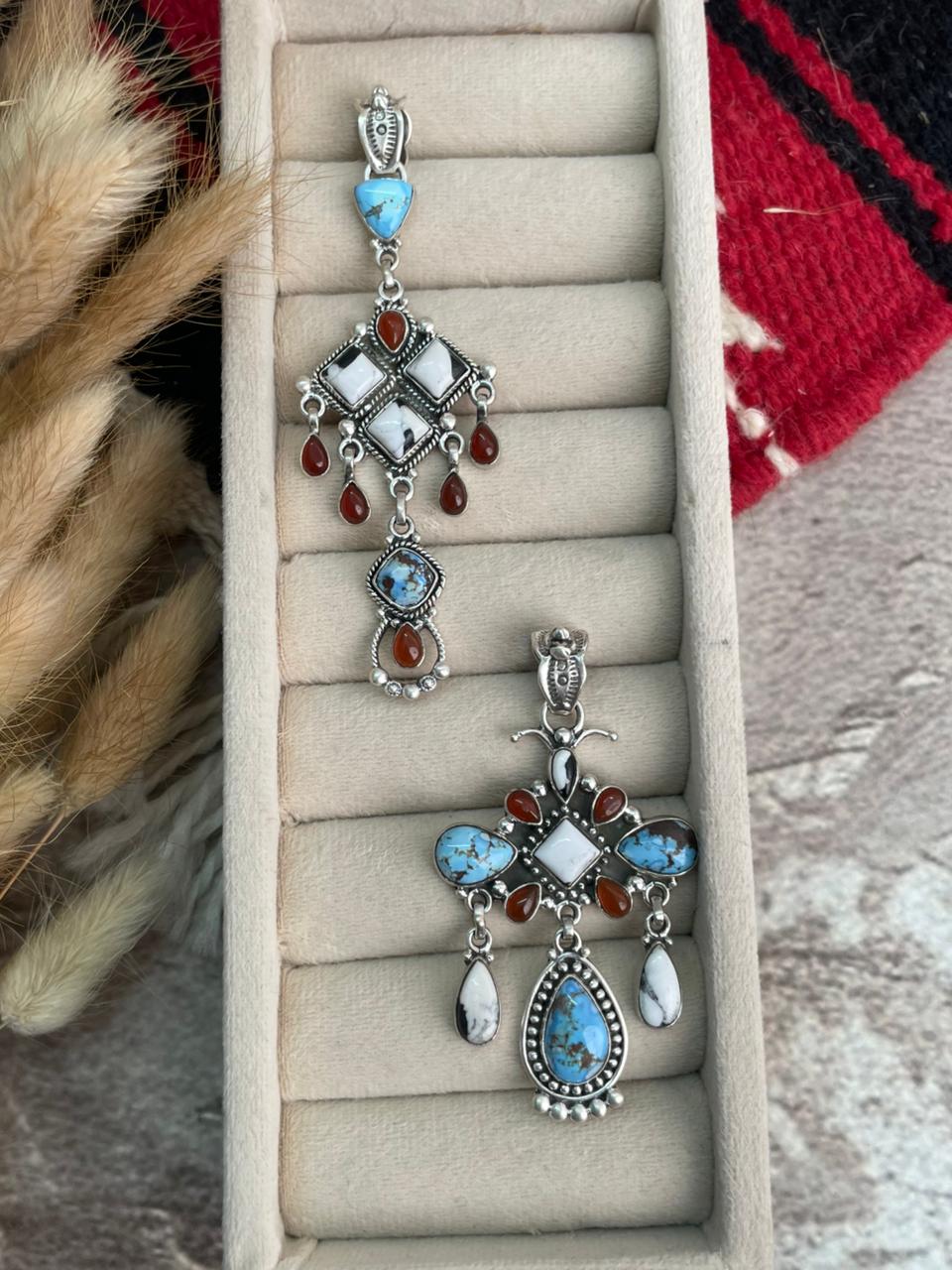 Handmade Sterling Silver Canyon Sunset Collection: Golden Hills Turquoise with White Buffalo and Carnelian Pendant "Signed Nizhoni"