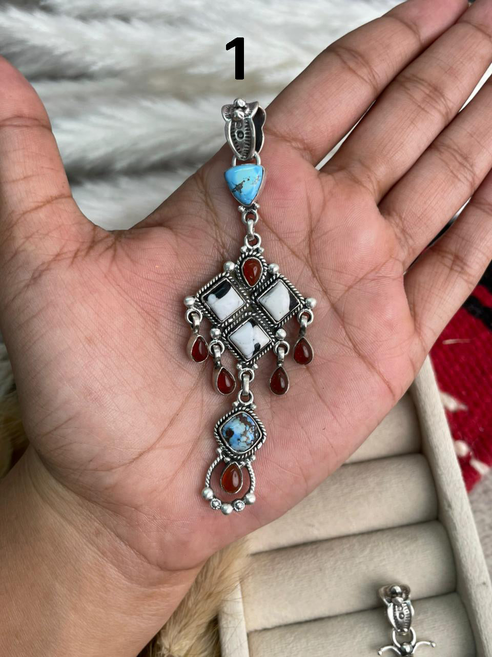 Handmade Sterling Silver Canyon Sunset Collection: Golden Hills Turquoise with White Buffalo and Carnelian Pendant "Signed Nizhoni"