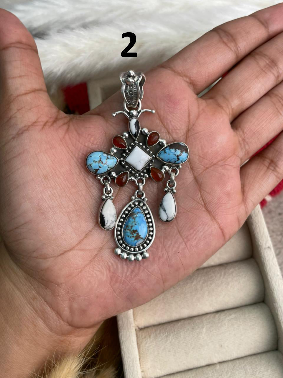 Handmade Sterling Silver Canyon Sunset Collection: Golden Hills Turquoise with White Buffalo and Carnelian Pendant "Signed Nizhoni"