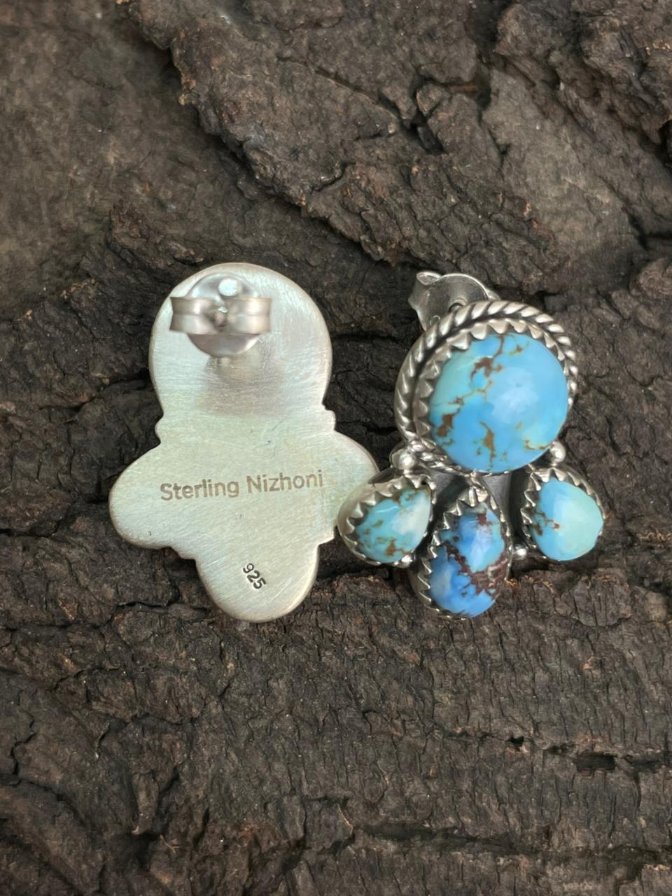 Handmade Sterling Silver Golden Hills Turquoise Post Studs Earrings "Signed Nizhoni"