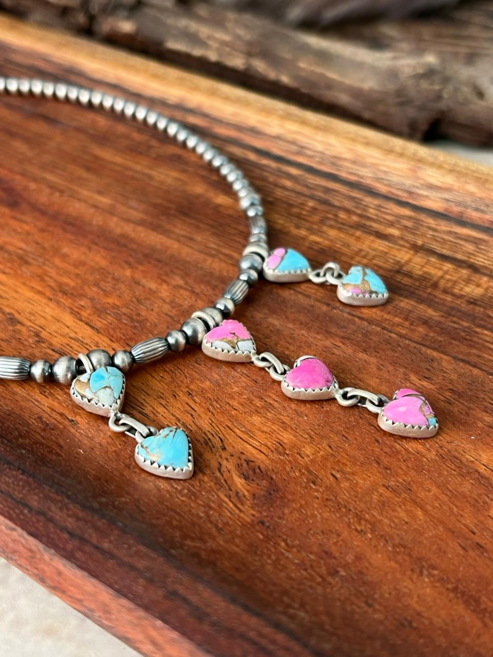 Handmade Sterling Silver Cotton Candy Beaded Heart Necklace "Signed Nizhoni"