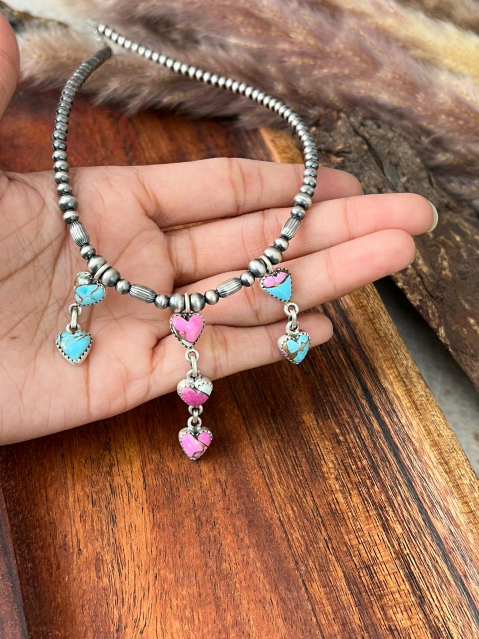 Handmade Sterling Silver Cotton Candy Beaded Heart Necklace "Signed Nizhoni"