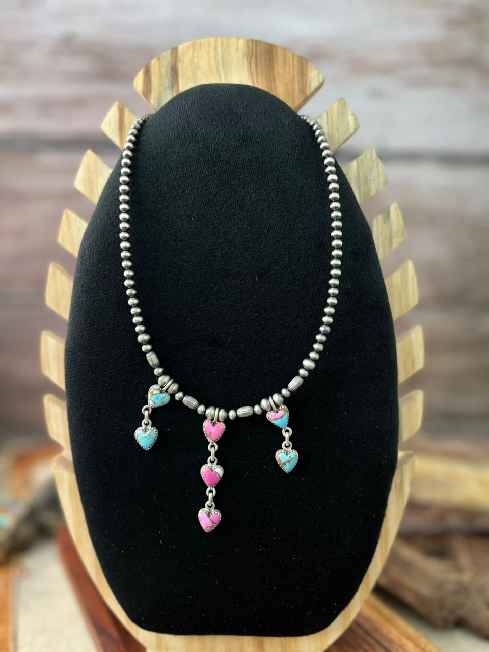 Handmade Sterling Silver Cotton Candy Beaded Heart Necklace "Signed Nizhoni"