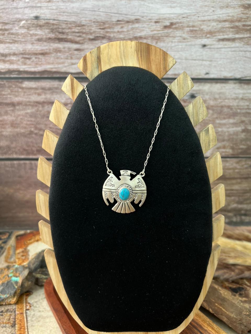 Handmade Sterling Silver Kingman Turquoise Thunderbird Necklace "Signed Nizhoni"