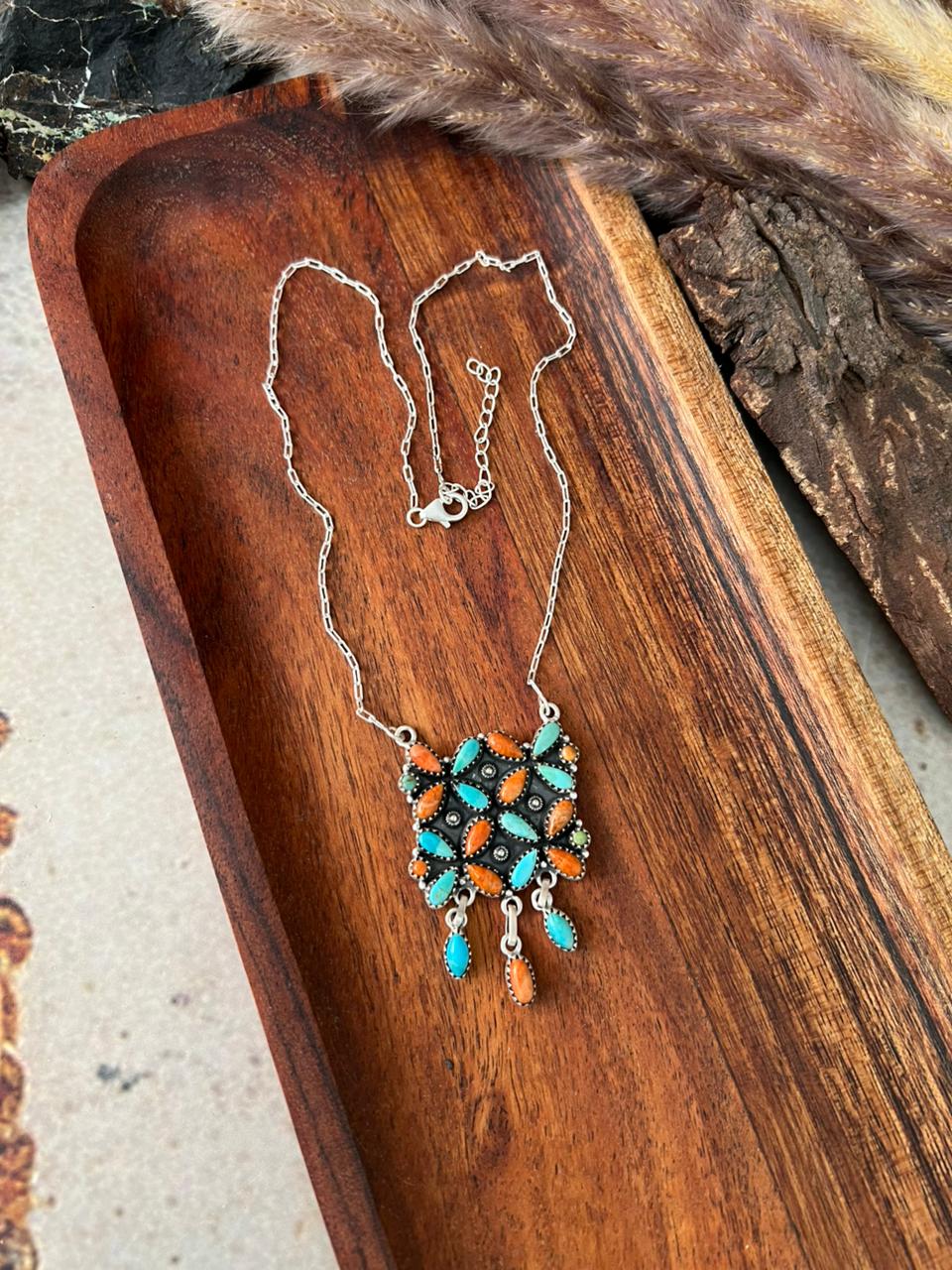 Handmade Sterling Silver Kingman Turquoise with Orange Mojave Necklace "Signed Nizhoni"